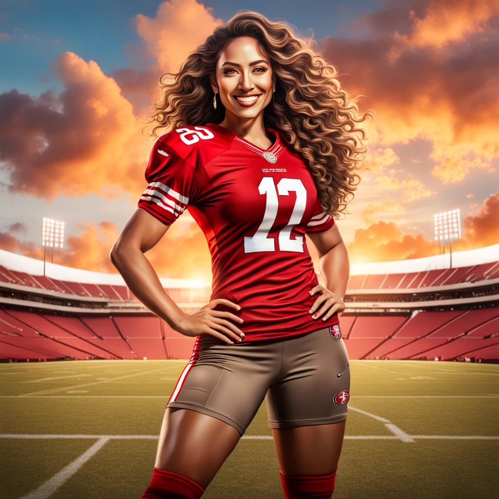 Hyperrealistic 49ers Cheerleader in Sunset Glamour