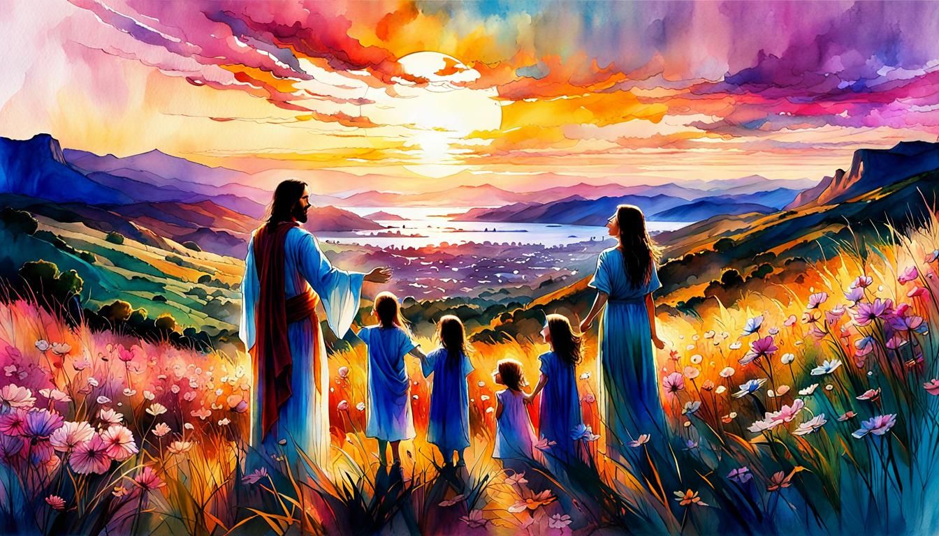 Jesus Blessing Children: Digital Watercolor Illustration