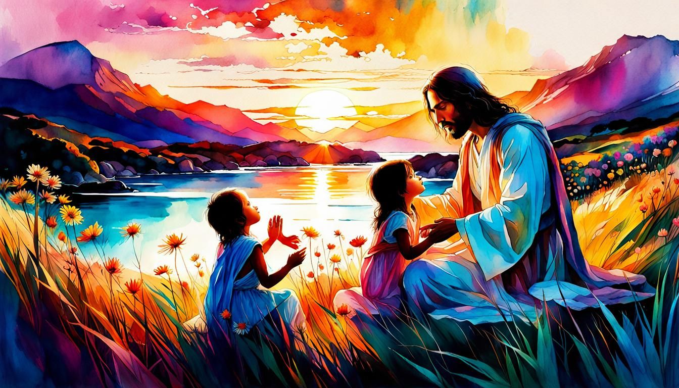 Jesus Blessing Children: Digital Watercolor Summerscape
