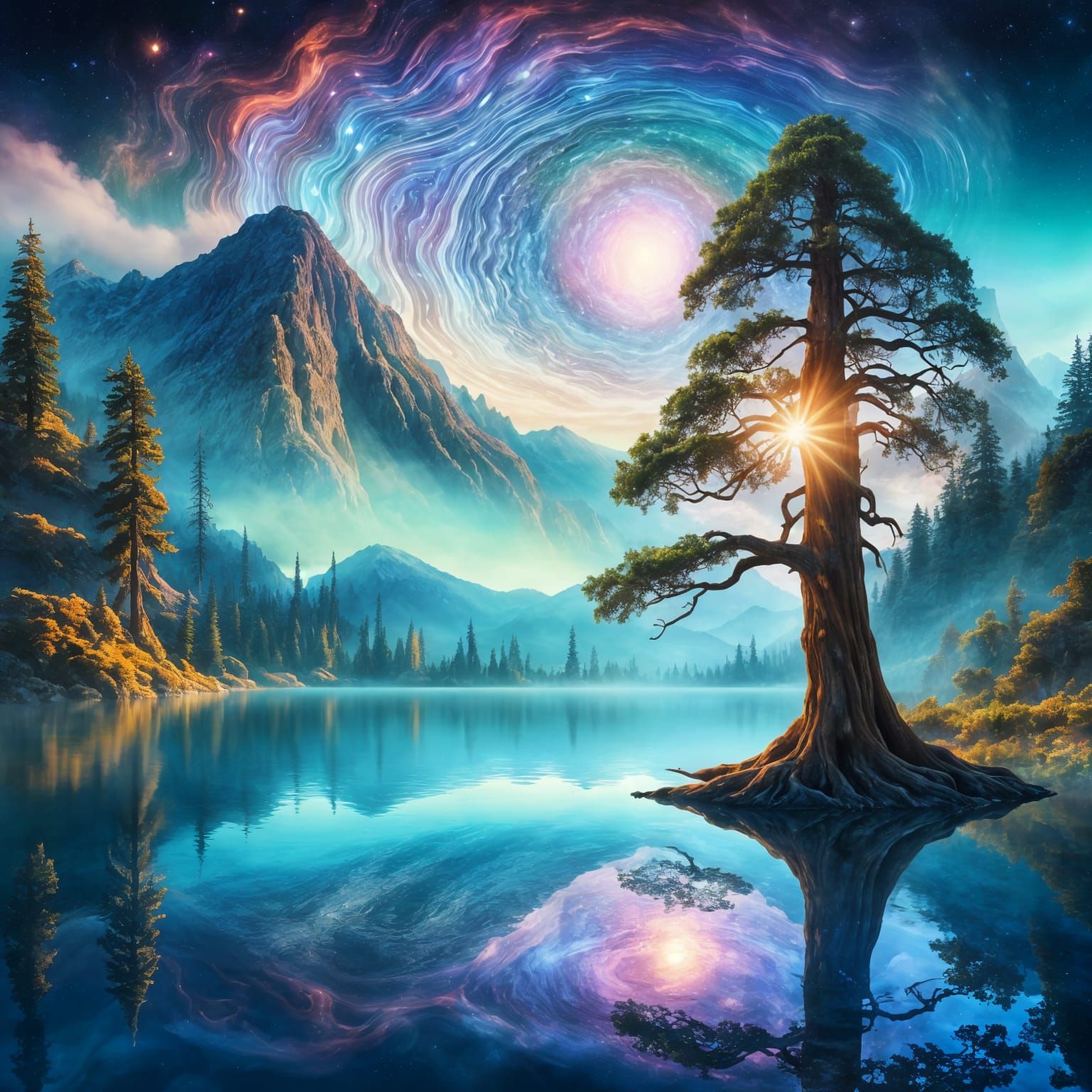 Ethereal Redwood Dreamscape in Vibrant Astral Illustration