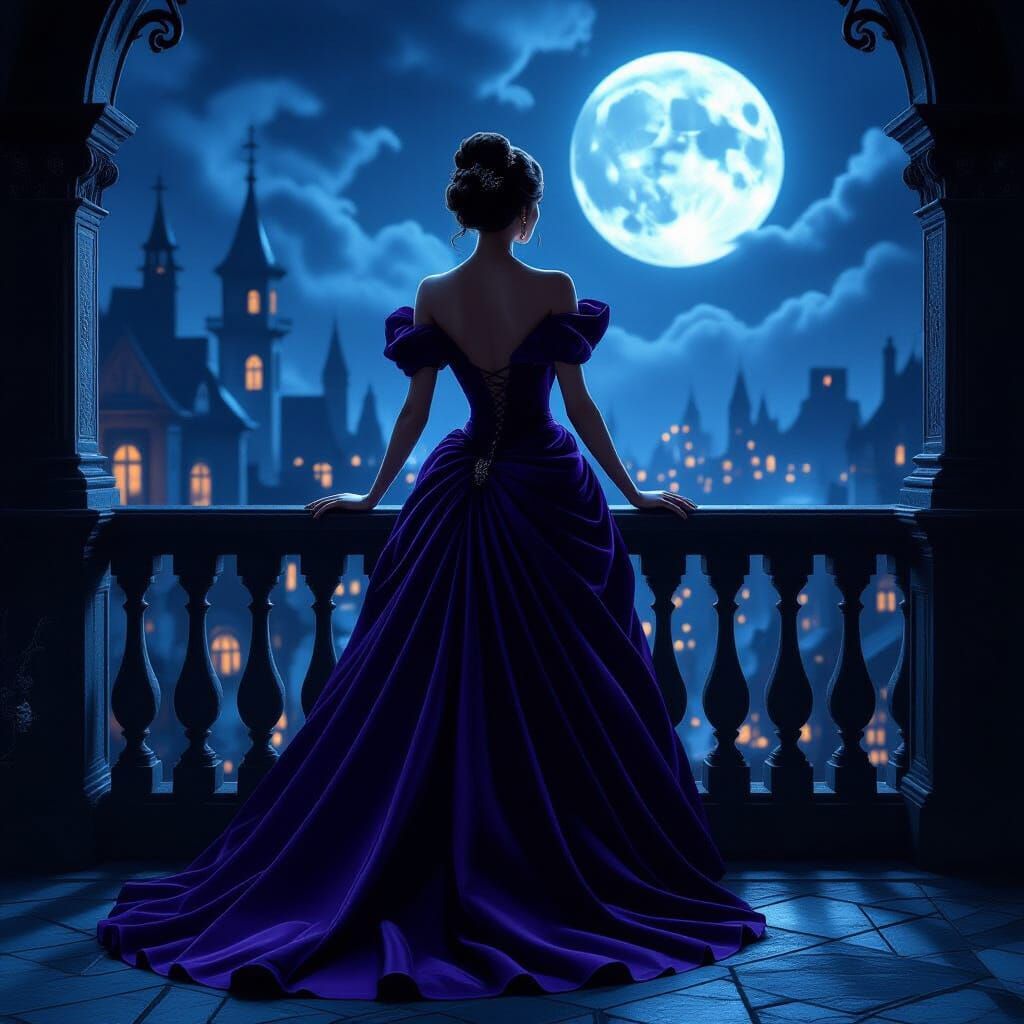 Regal Woman on Balcony Overlooking Spooky Halloween Town
