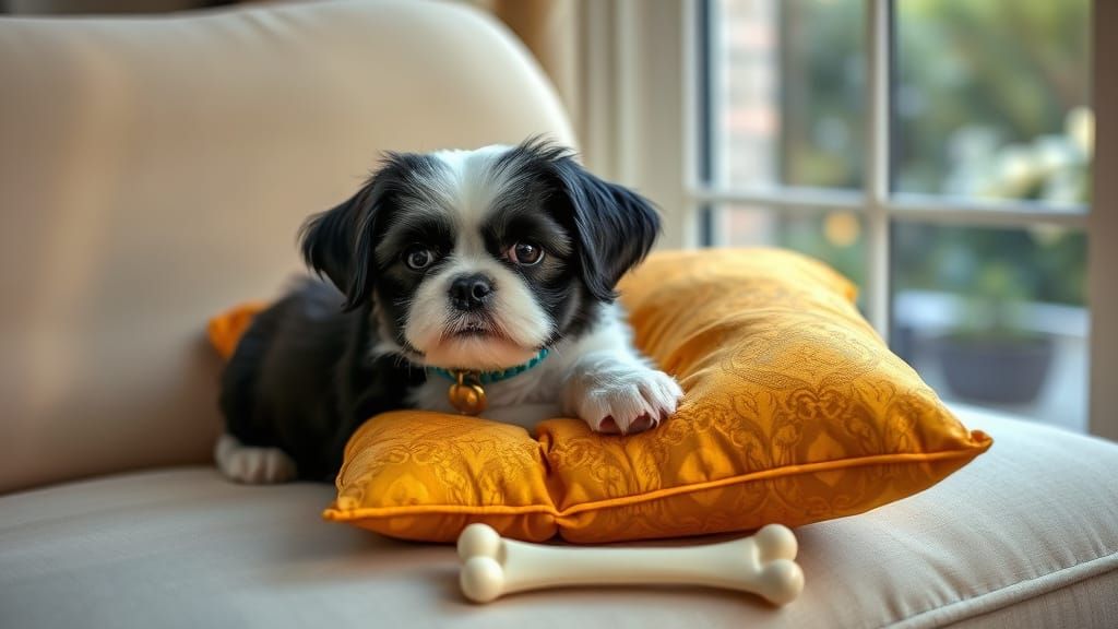 Shih Tzu Puppy Lounging on Brocade Pillow