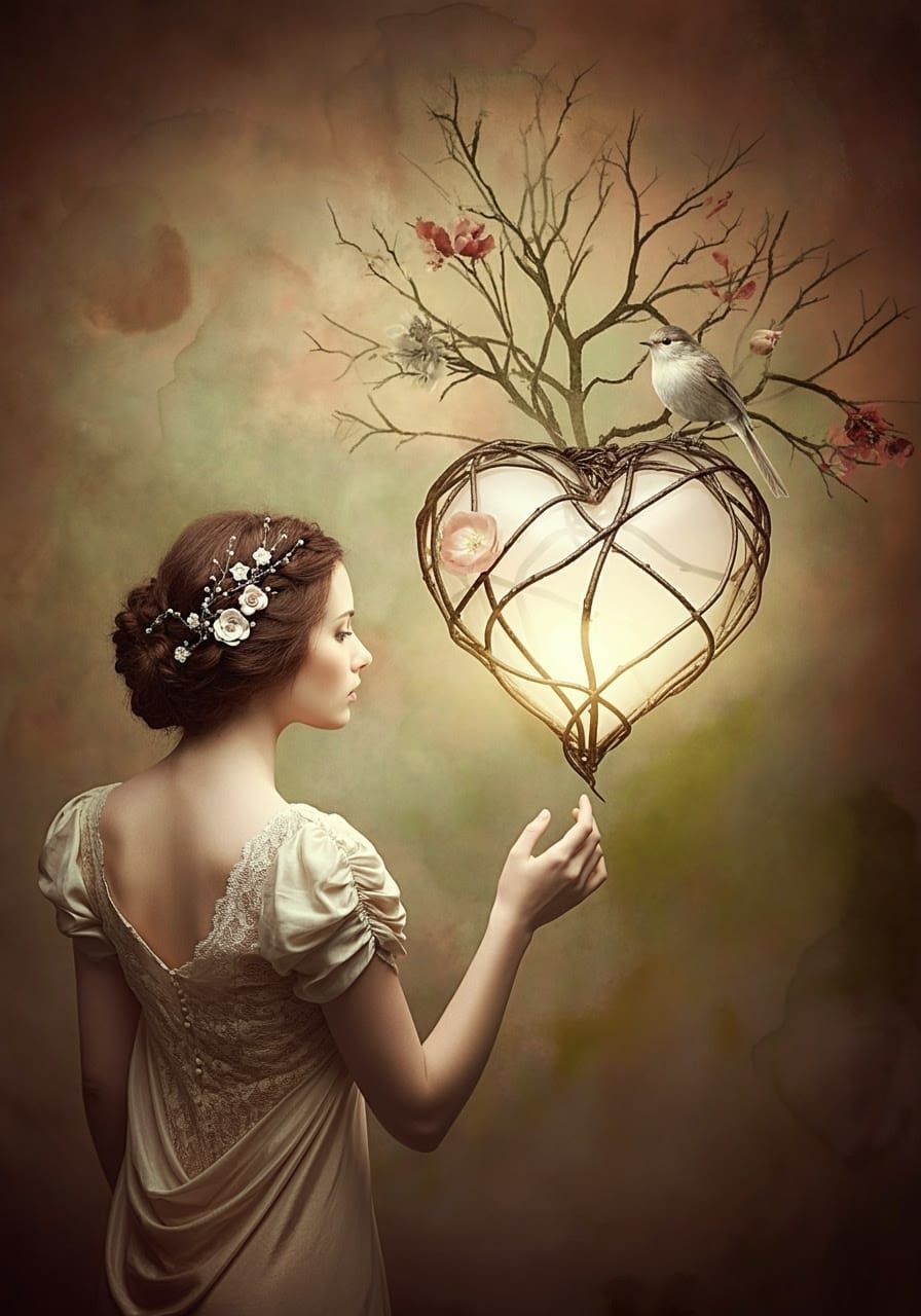 Elegant Woman in Flowing Gown with Floral Hairpiece and Drea...