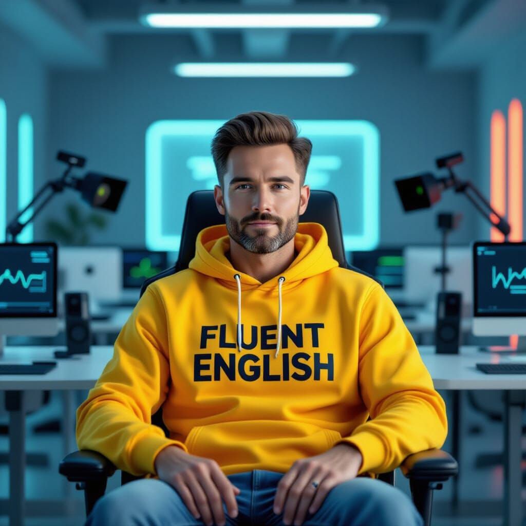 Confident Man in Futuristic Classroom Inspired by Syd Mead