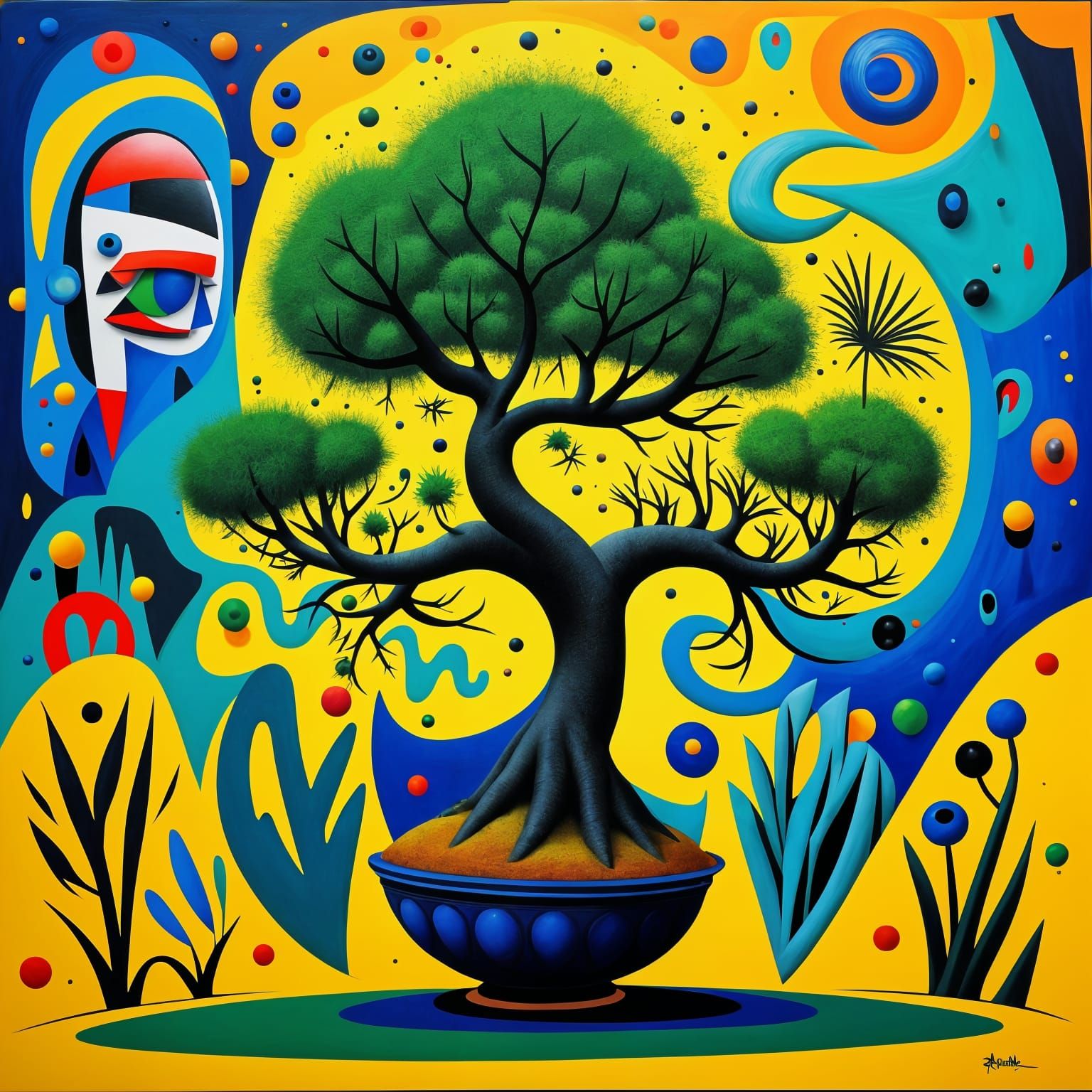 Surreal Bonsai Tree in Vibrant Abstract Art Style