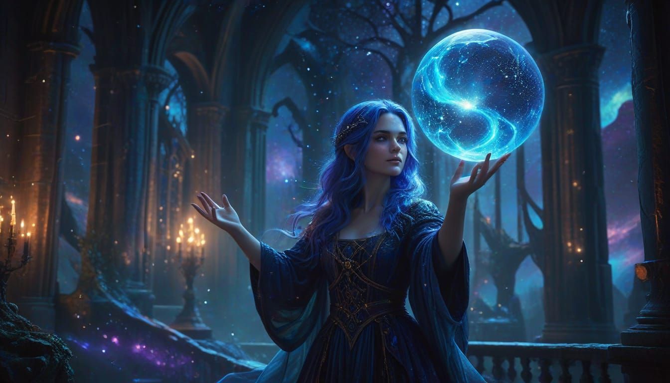 Surreal Wizardess Illuminates Midnight Sky with Celestial Ma...