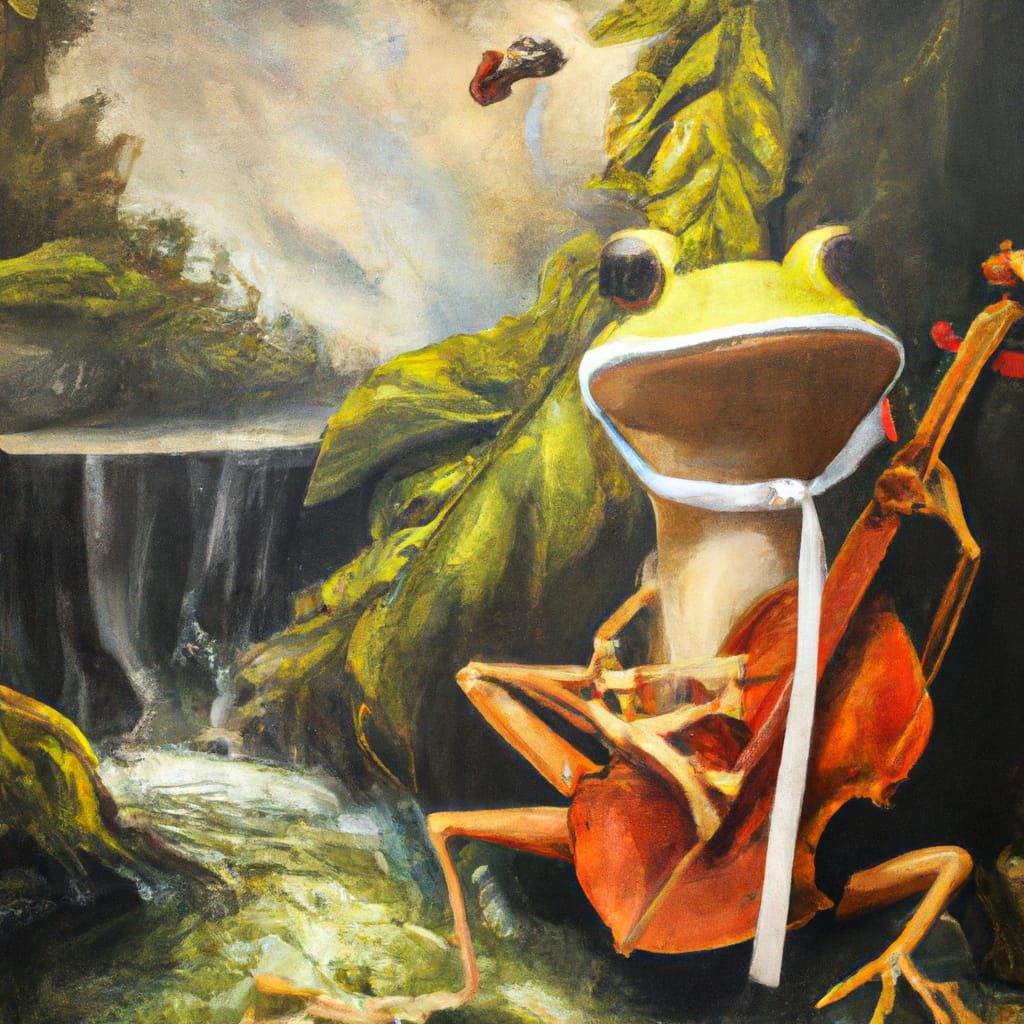 Surreal Frog Plays Violin Under Green Leaf