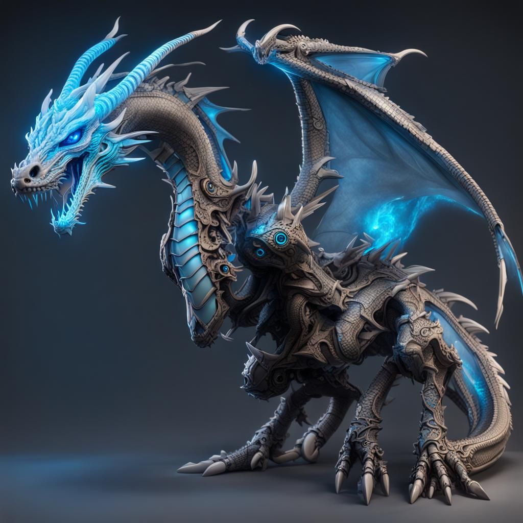 Bio-Mechanical Dragon with Glowing Blue Eyes in a Cyberpunk....