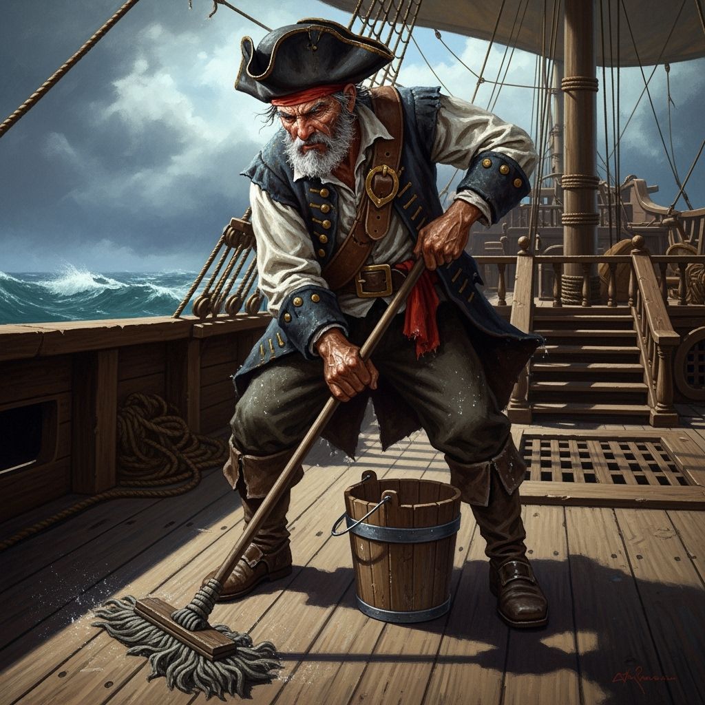Pirate Captain Cleans Ship Deck in Stormy Seas