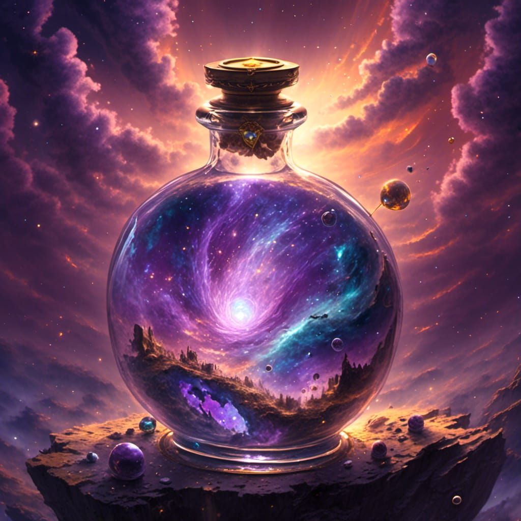 Stardust Caravan in a Bottle: Whimsical Celestial Scene