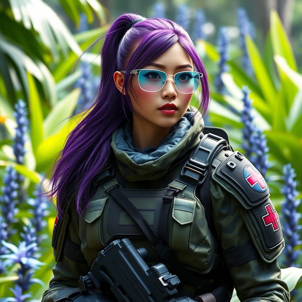 Asian Woman in Tactical Gear, Purple Ponytail, Tropical Fore...
