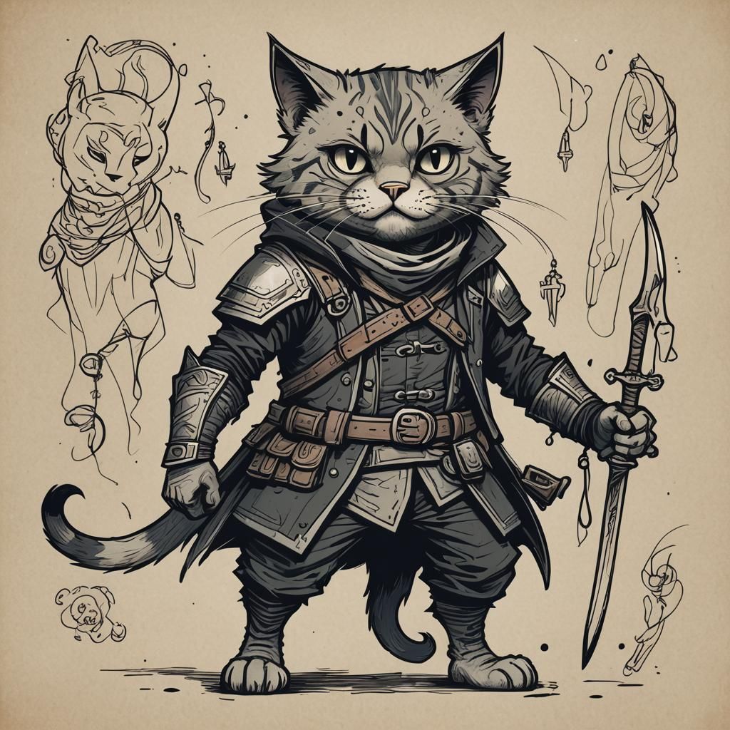 Mysterious Cat Rogue Unveiled in Dark Fantasy Sketch Art