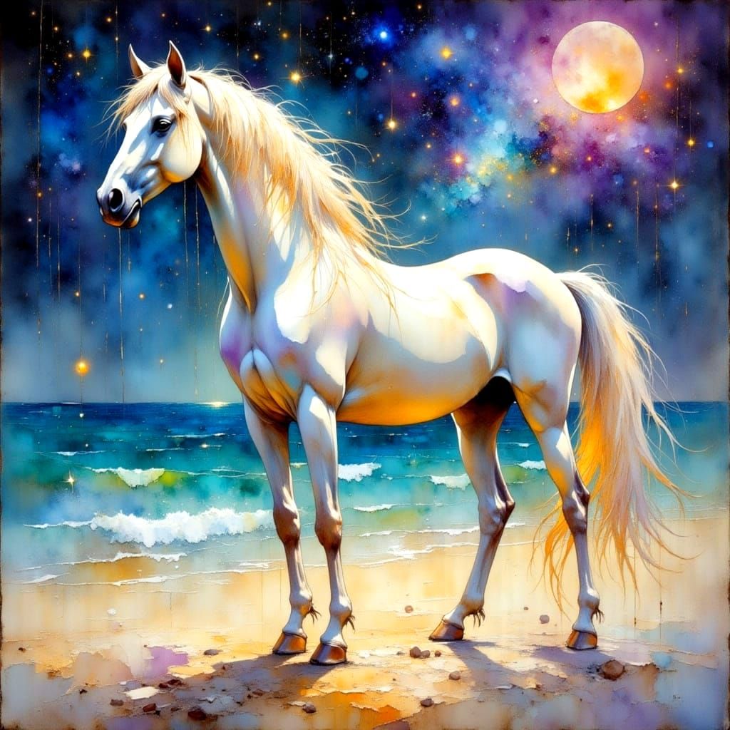 Ethereal Beach Scene with a Radiant Magical Horse