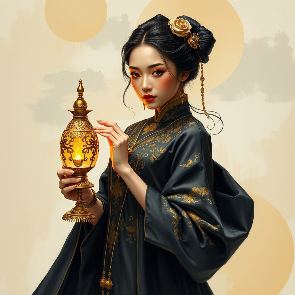 Elegant Woman in Flowing Gown with Golden Lamp