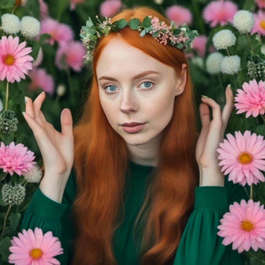 Gothic Red Haired Fairy in Lush Green Florals