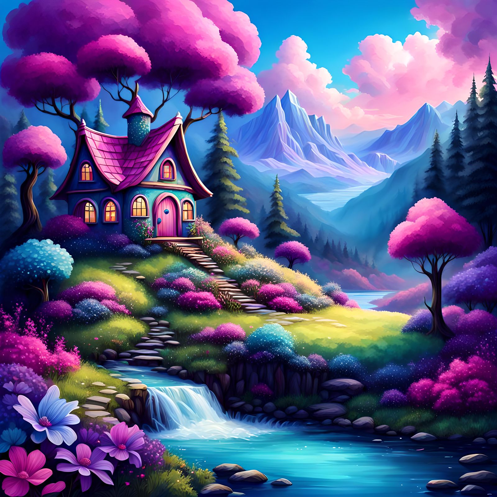 fantasy fairy house, Forest, meadow, mountains, river, water...