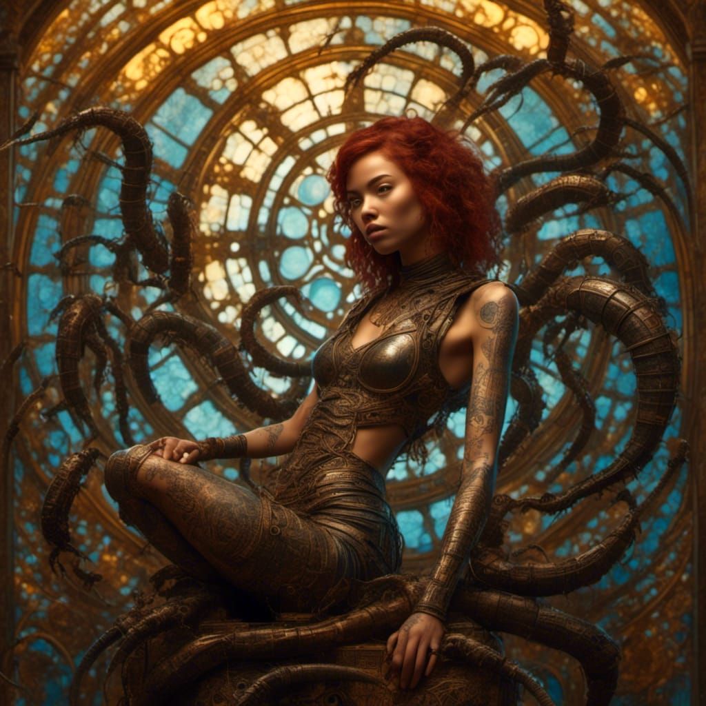 "a (corroded biomechanical) cyborg young woman with centiped...