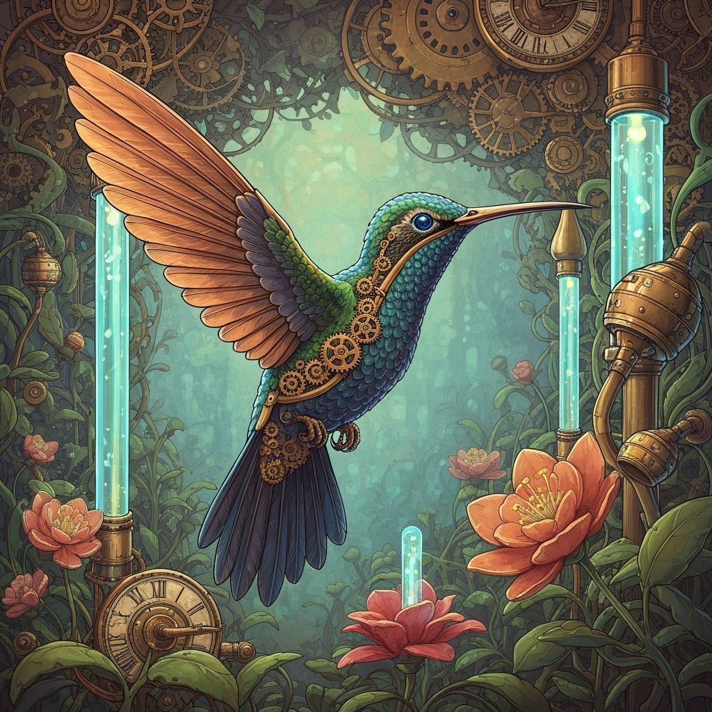 Steampunk Hummingbird in Clockwork Garden