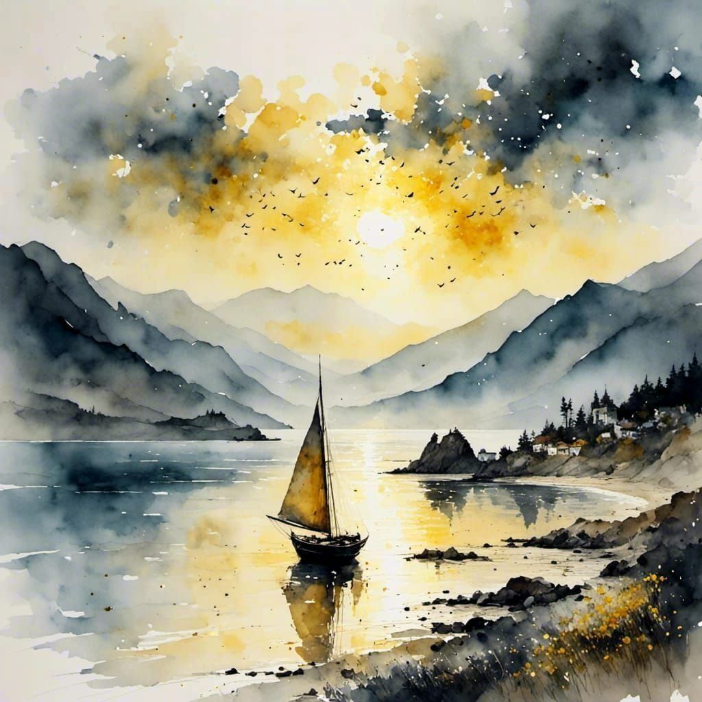 Ethereal Morning on Ancient Coast with Sailing Boat