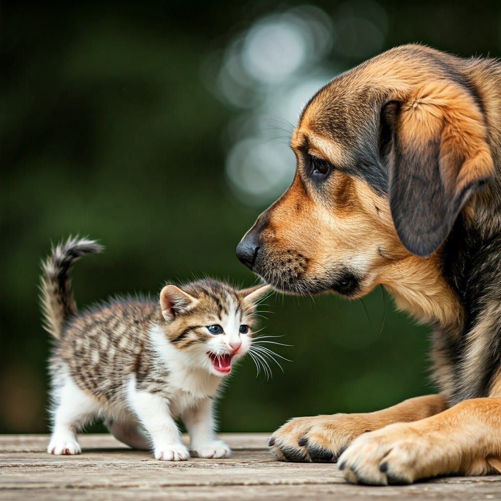 Tiny Kitten Confronts Giant Dog in Intense Feline Fury