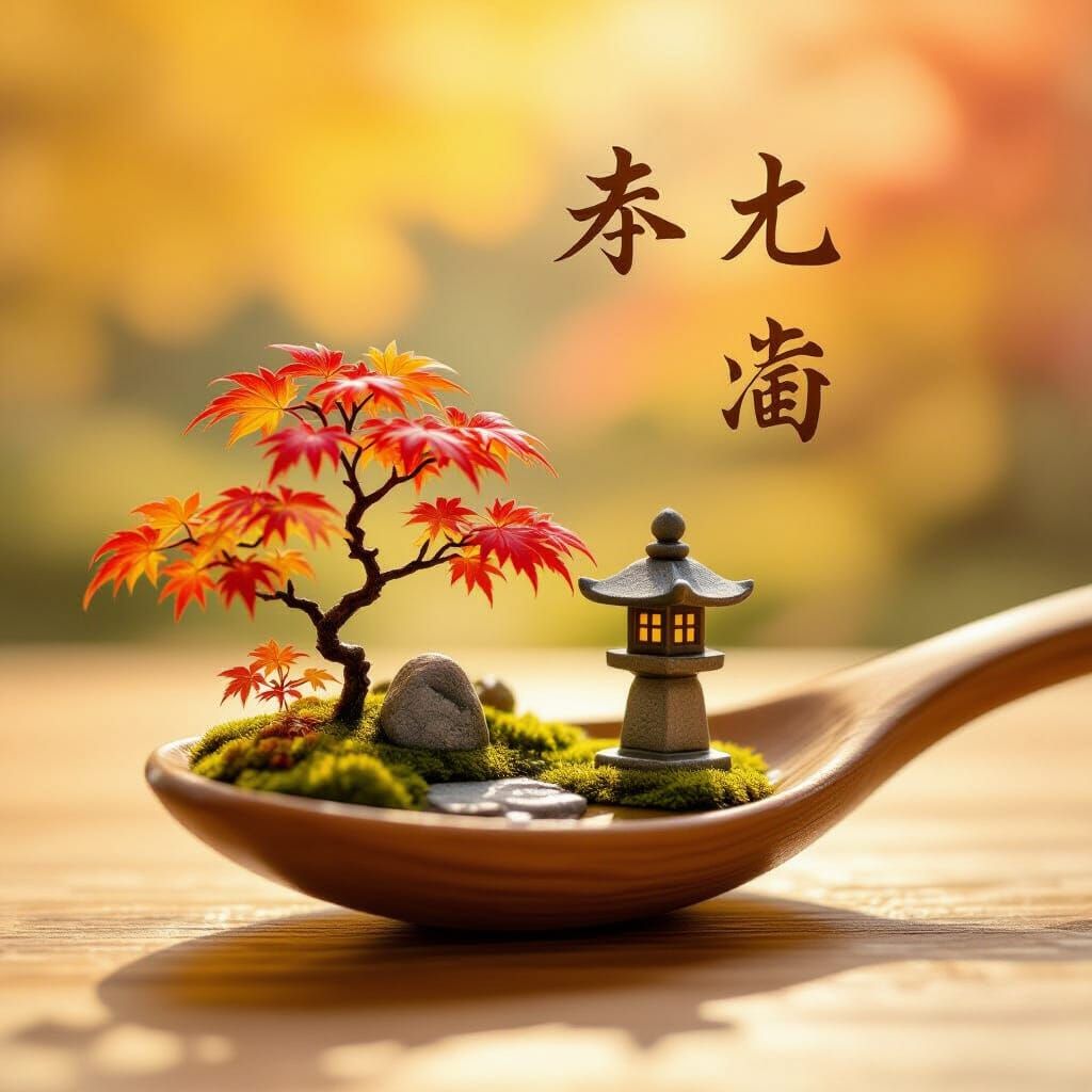 Miniature Japanese Autumn Scene in Spoon, Ukiyo-e Style