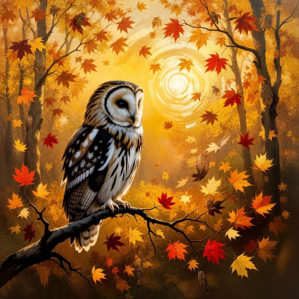 Impressionistic Owl Dissolves into Autumn Leaves