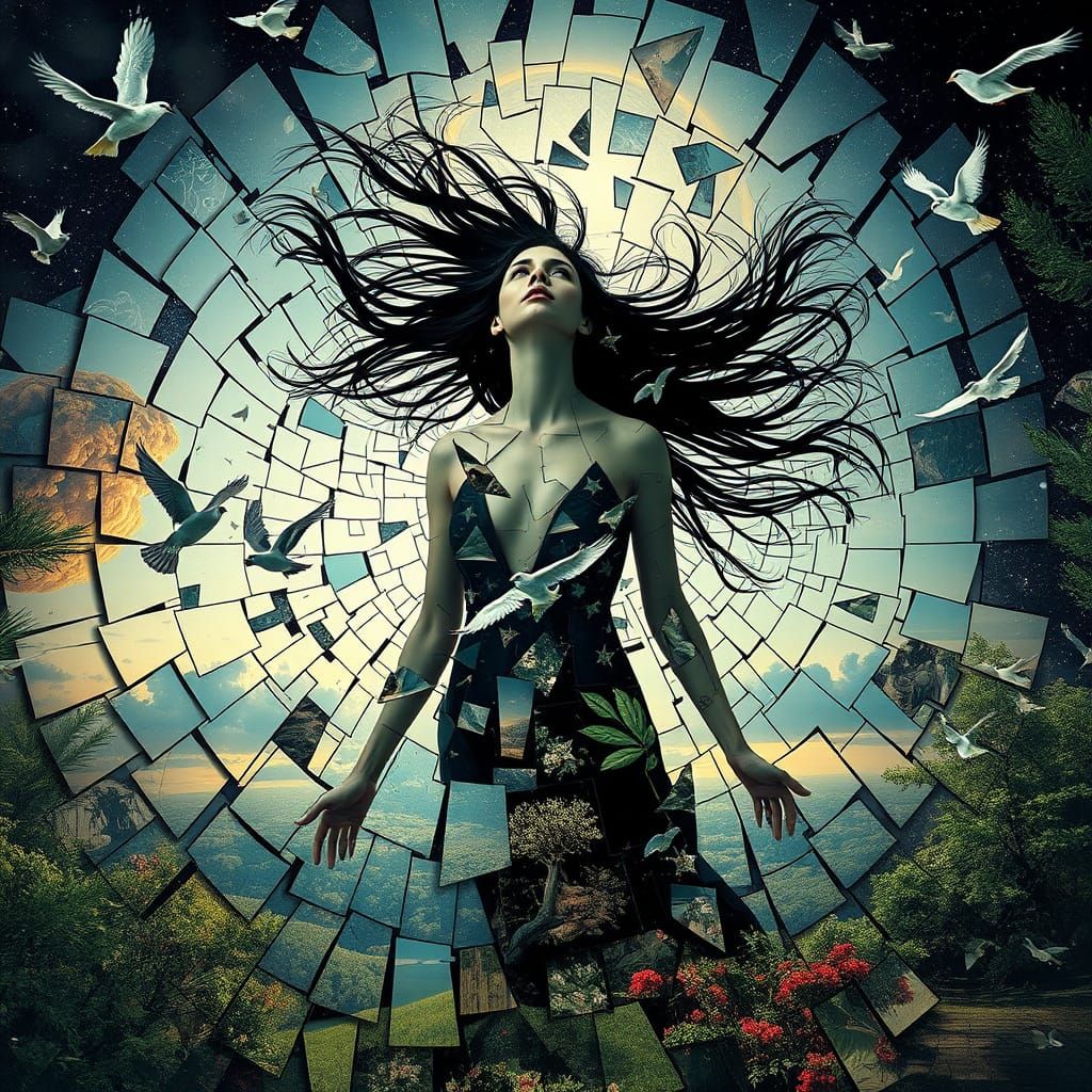 Surrealist Goddess in Cosmic Abyss with Shattered Mirrors