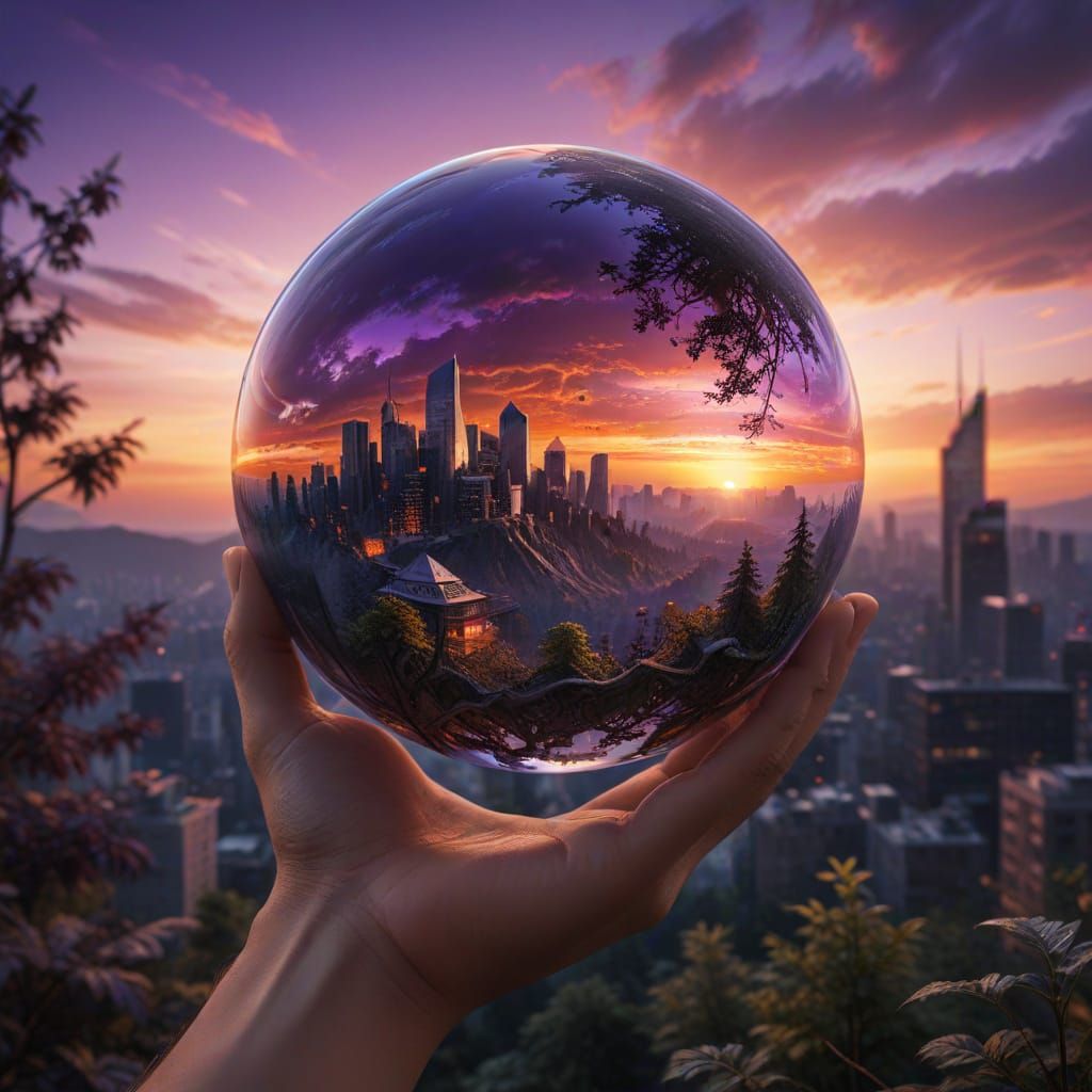 Person Holding Glowing Sunset Sphere, Hyperrealistic Depth