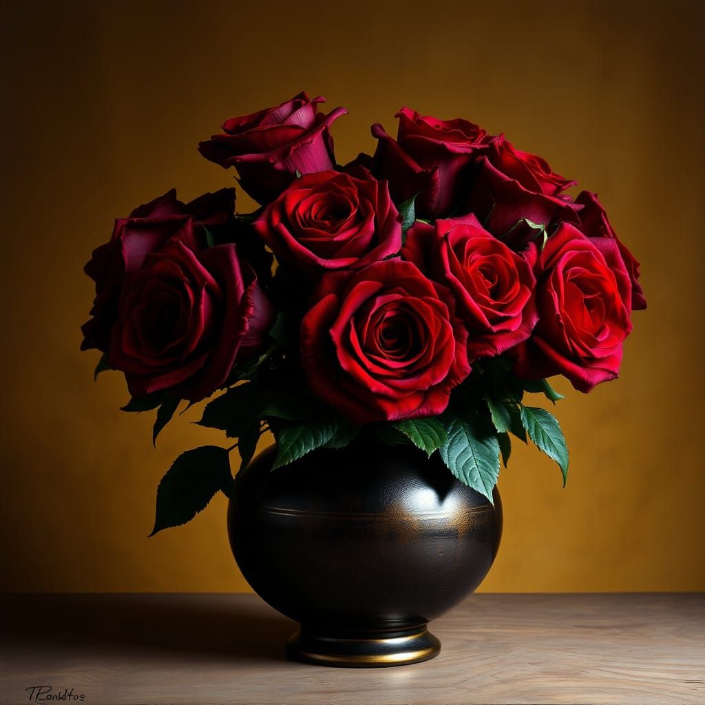 Dark Red Roses in Rich Bronze Vase