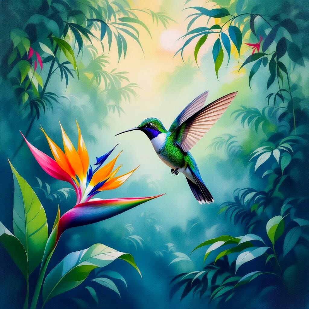 Hummingbird Sipping Nectar in Impressionist Jungle