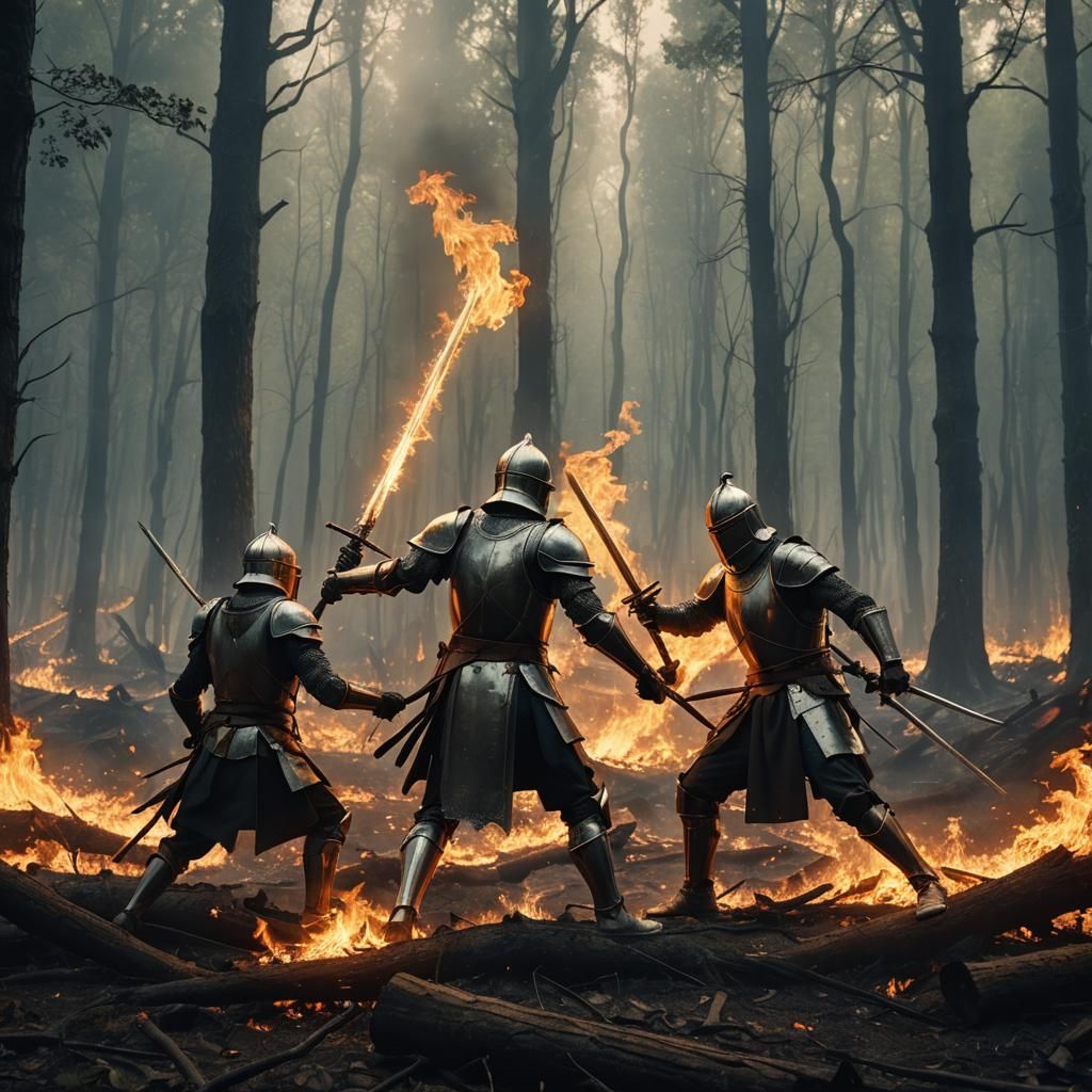 Epic Medieval Knights Clash in a Burning Forest