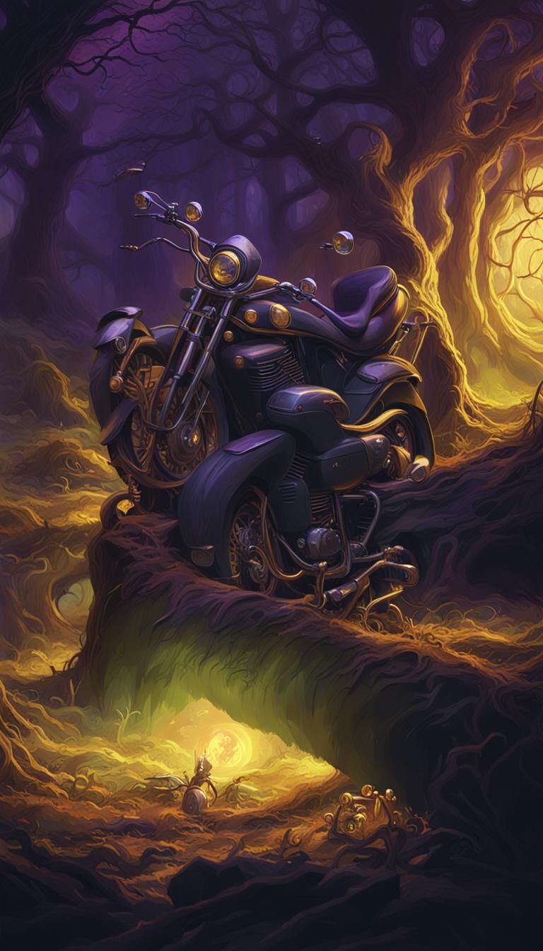 Dark Fantasy Motorbike and Car in Mystical Forest