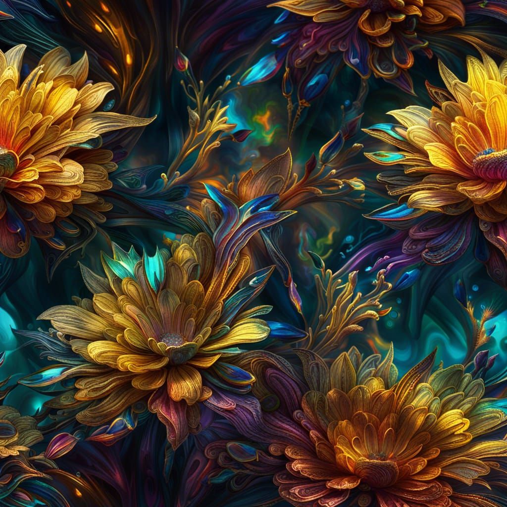 Epic, Abstract, Iridescent Flowers in Liquid Gold
