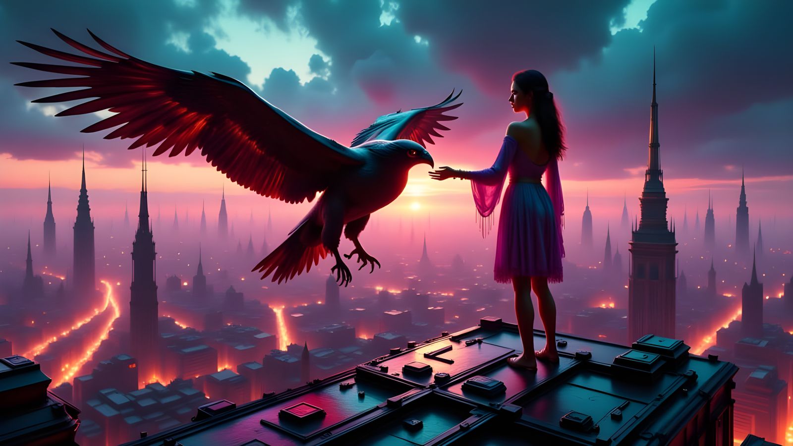 Ethereal Goddess Unveils Cyberpunk Horizon in Glowing Neon