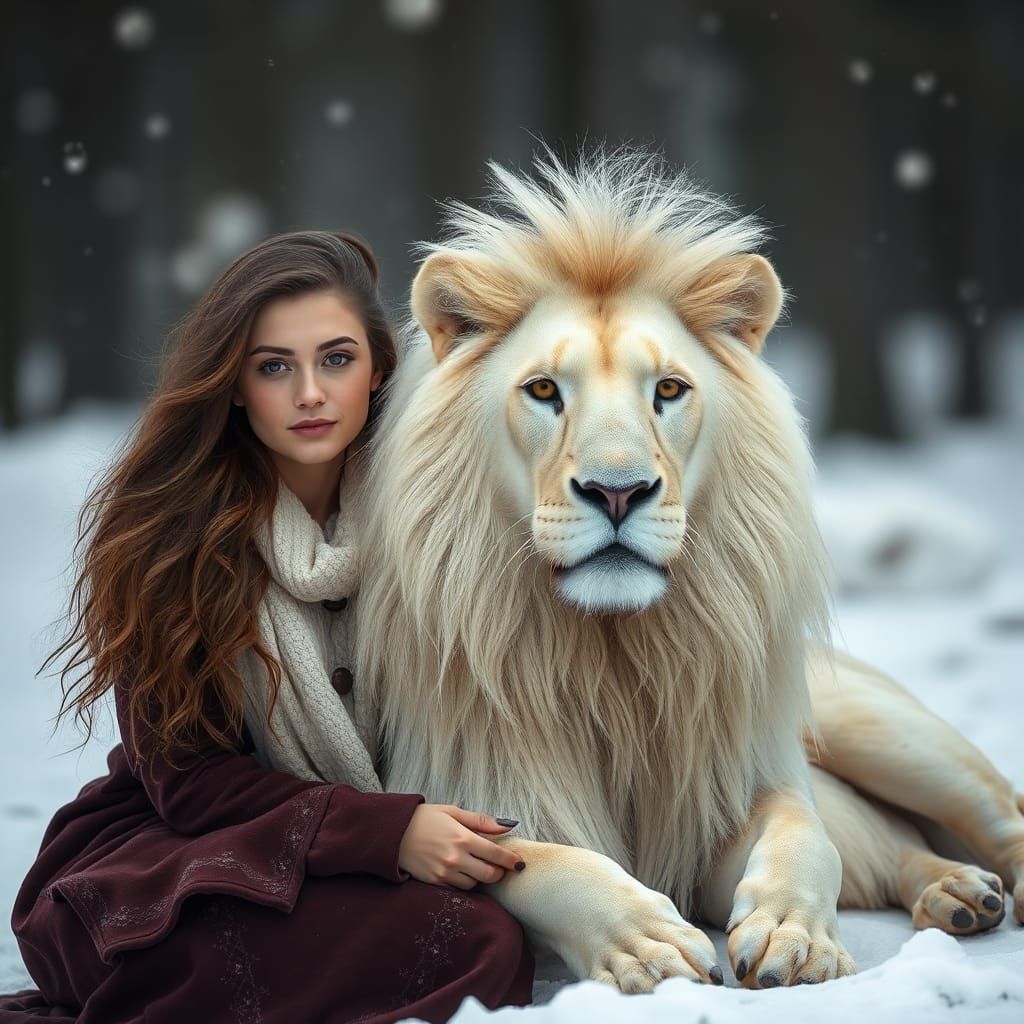 Glamorous Woman in Snowy Landscape with Majestic White Lion