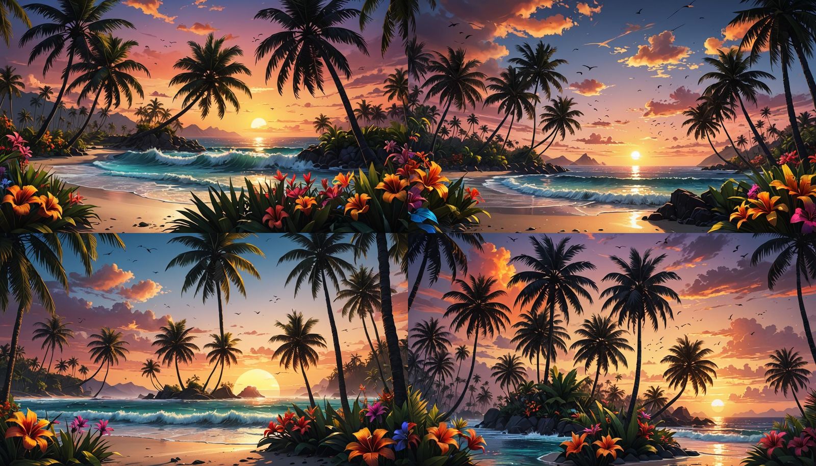 Ethereal Tropical Paradise in Vibrant Sunset Hues