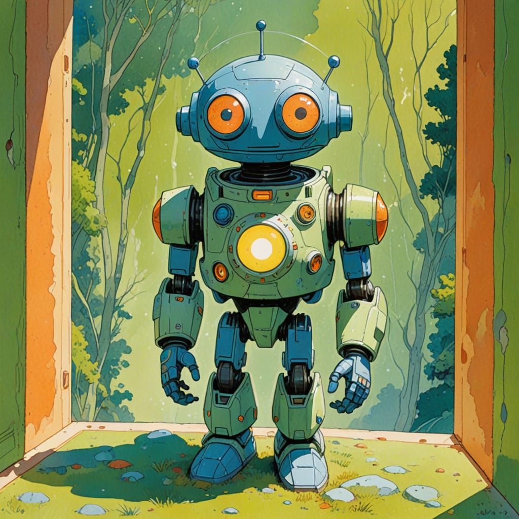 Three-Eyed Android on Spaceship in Pastel Colors