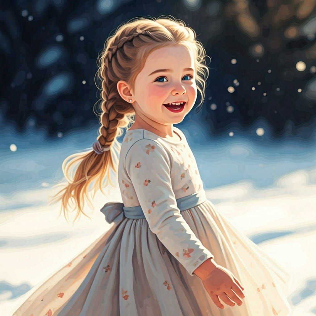 Young Blonde Girl Twirling in Snowy Landscape with Delicate...