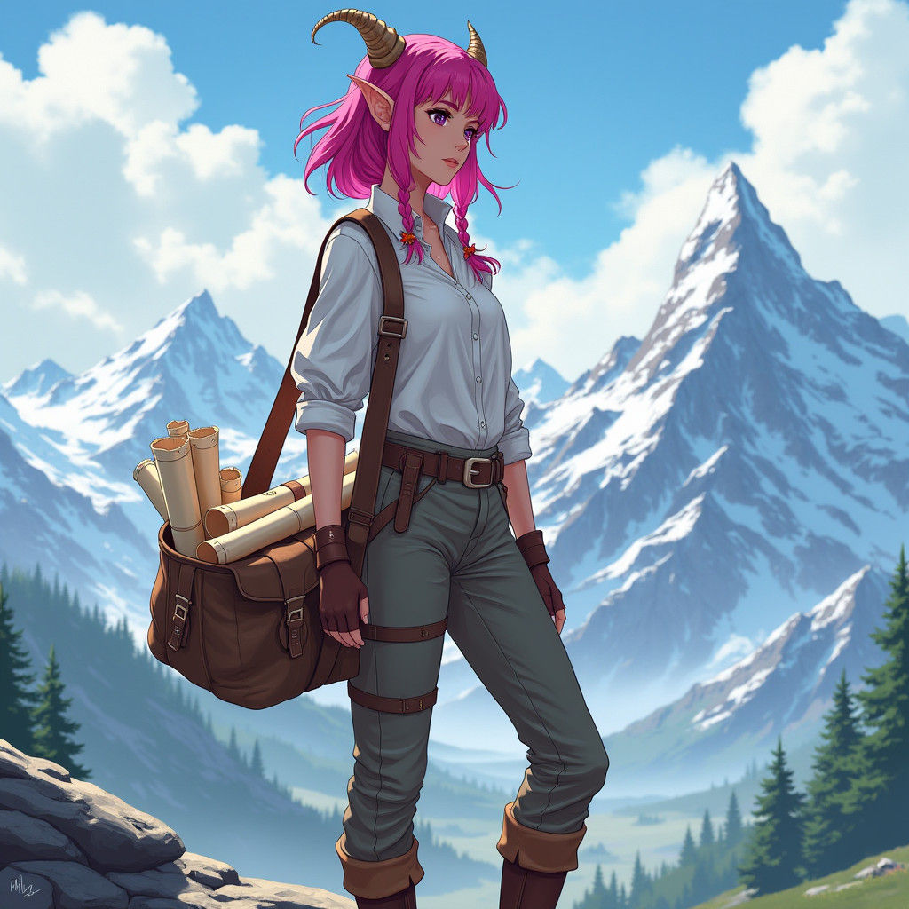 Vibrant Tiefling Cartographer Adorned in Snowy Mountains