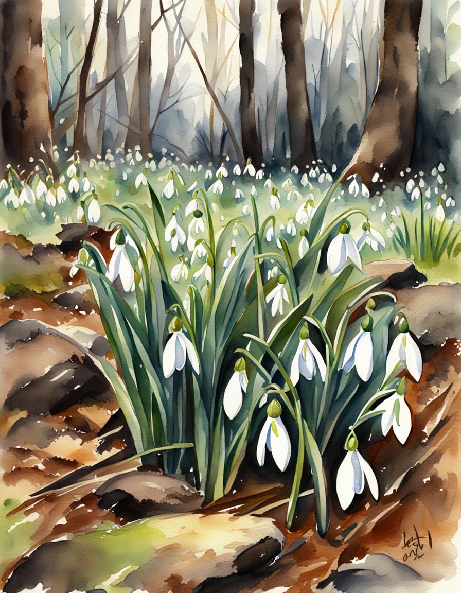 Watercolor Woodland Scene with Snowdrops