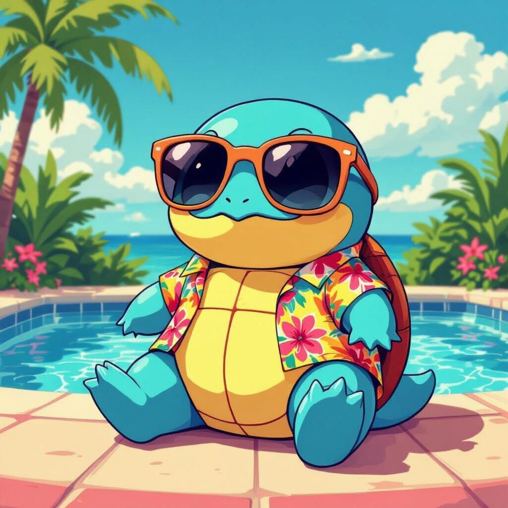 Squirtle Lounging by Pool in Trendy Sunglasses