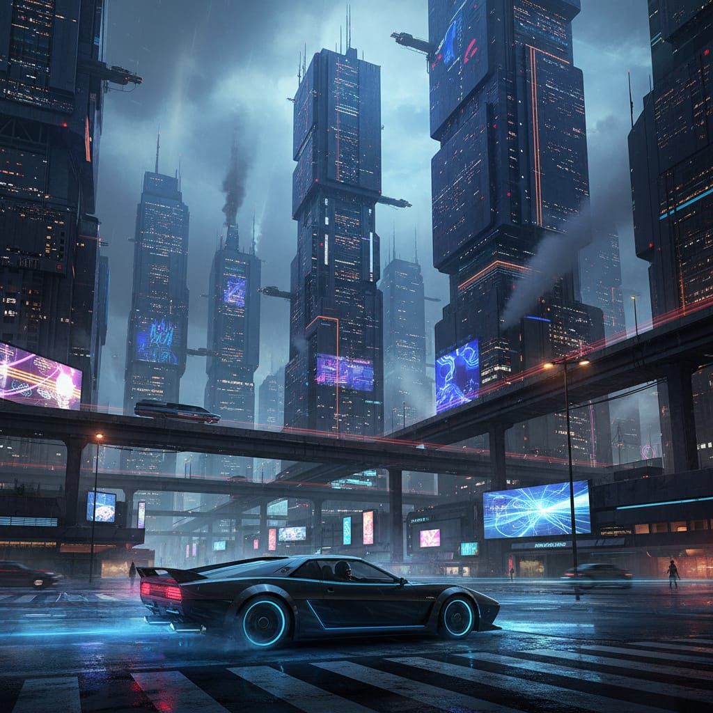 Futuristic Cityscape at Night with Neon Lights and Sports Ca...