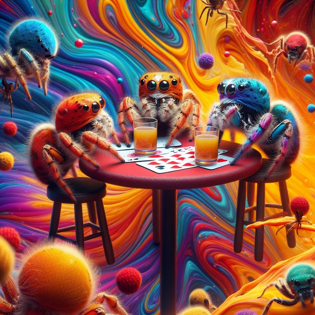 Vibrant Jumping Spiders Play Cards in a Whimsical Surreal Sc...