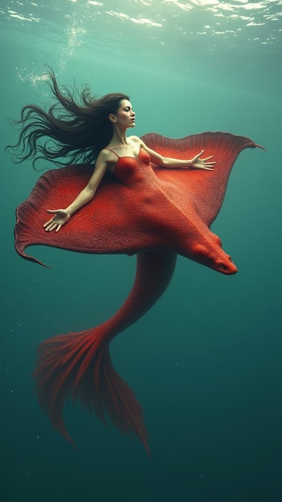 Fiery Siren Soars Through Crystal Clear Water, Wings Spreadi...