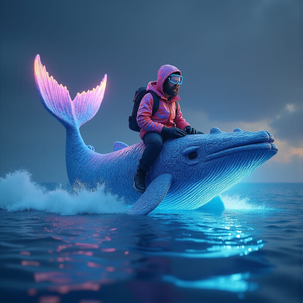 Surreal Streamer Duo on a Majestic Whale in a Dreamlike Ocea...