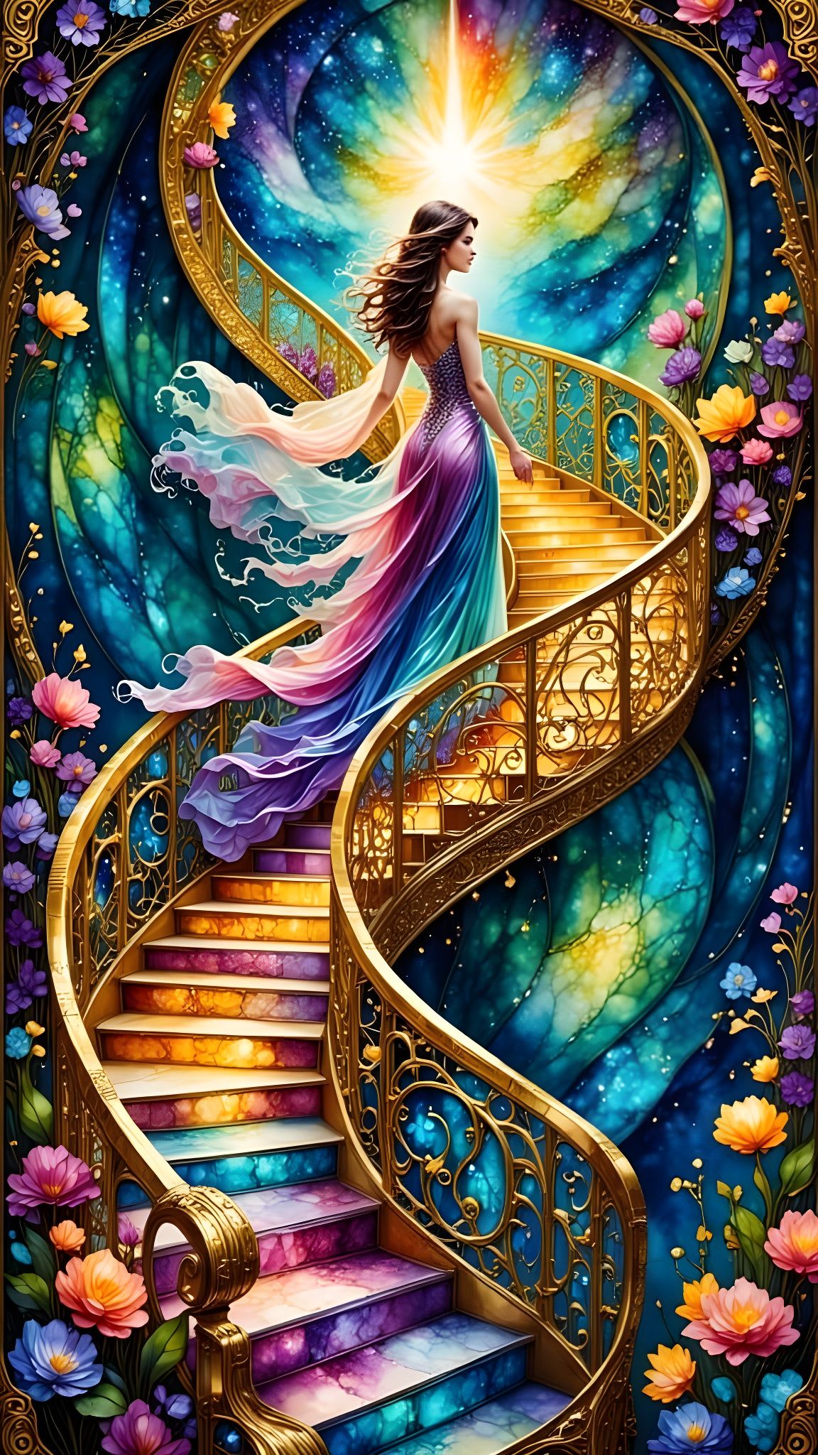 Surreal Fantasy Goddess Ascends in Golden Art Deco Heaven