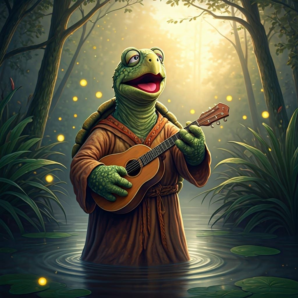 Muppet Turtle Bard in Misty Swamp, Kinkade Style