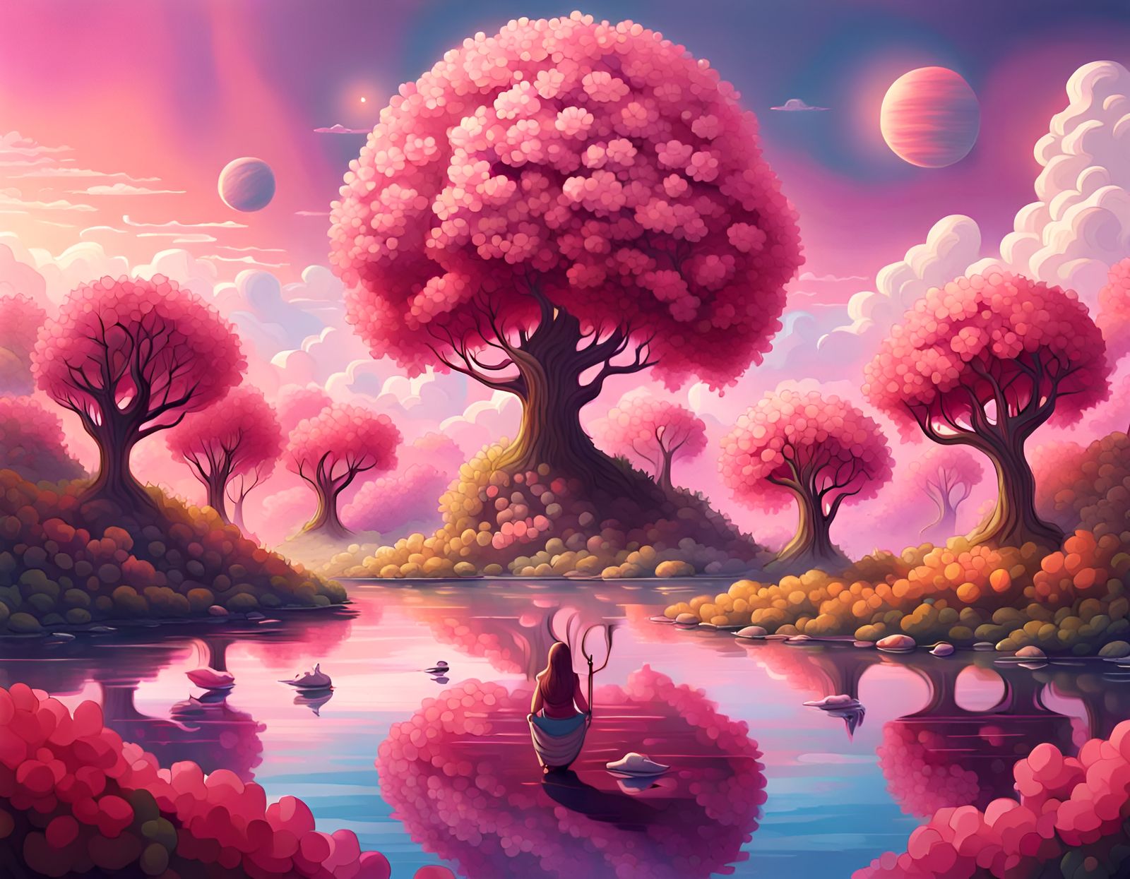 Utopian World with Pink Rivers: Storybook Illustration