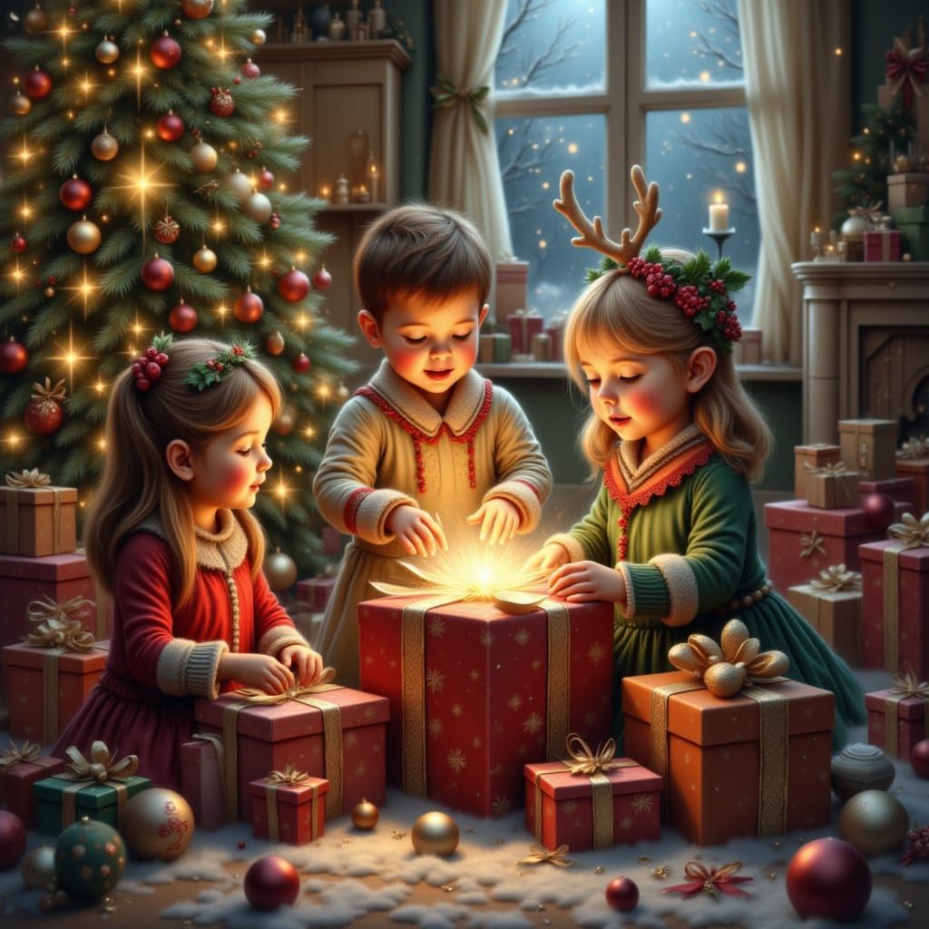 Children Opening Presents Under Magical Christmas Tree