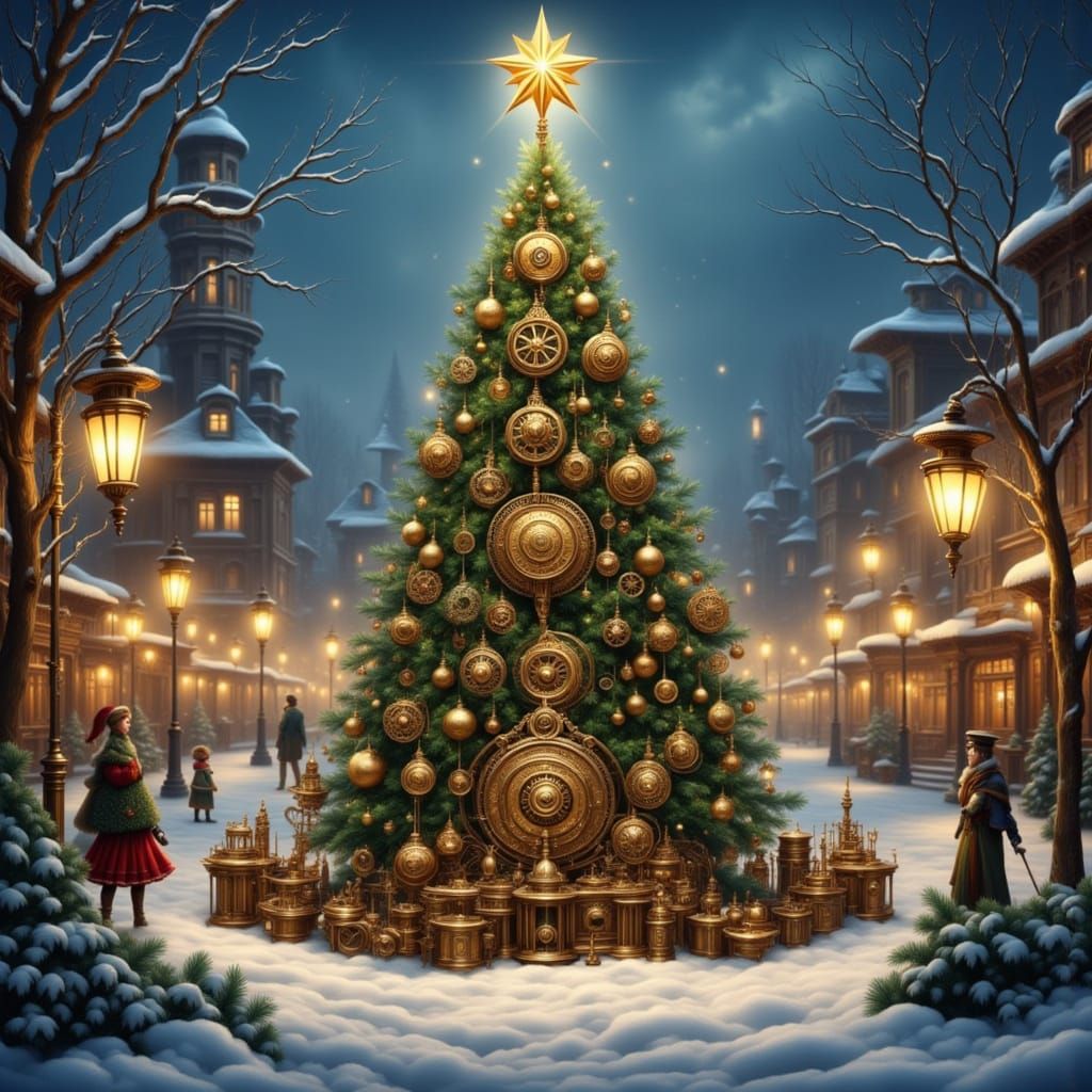 Steampunk Christmas Tree Automaton in Victorian Town
